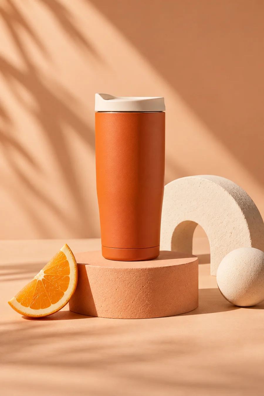 Termo naranja sobre un pedestal: ejemplo de foto de producto